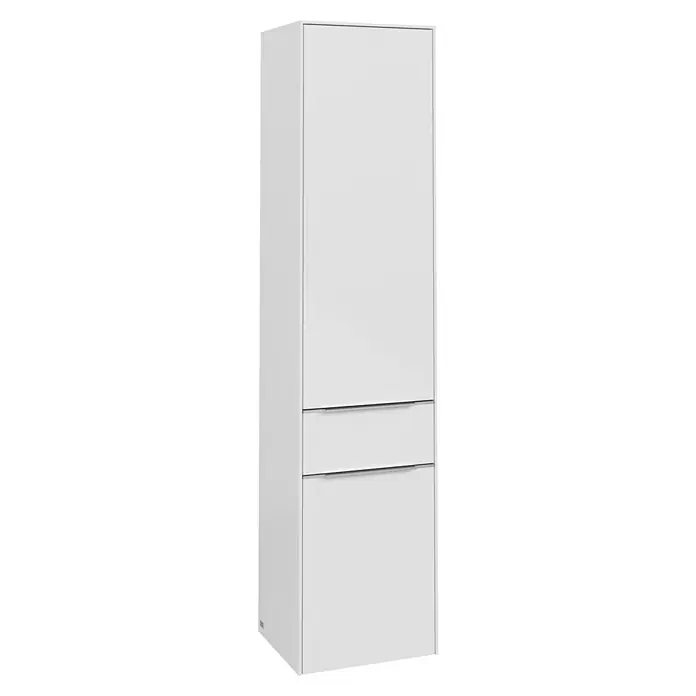 Villeroy & Boch Subway 3.0 Hochschrank - B x T x H: 40 x 36,2 x 171 cm, 1x Schublade, 2x Tür, Brilliant White, Farbe Griff: Aluminium glänzend, DIN Anschlag: Links - Schlanker, weißer Badezimmerschrank mit zwei Schubladen und einem großen Fach oben für stilvolle Badaufbewahrung.
