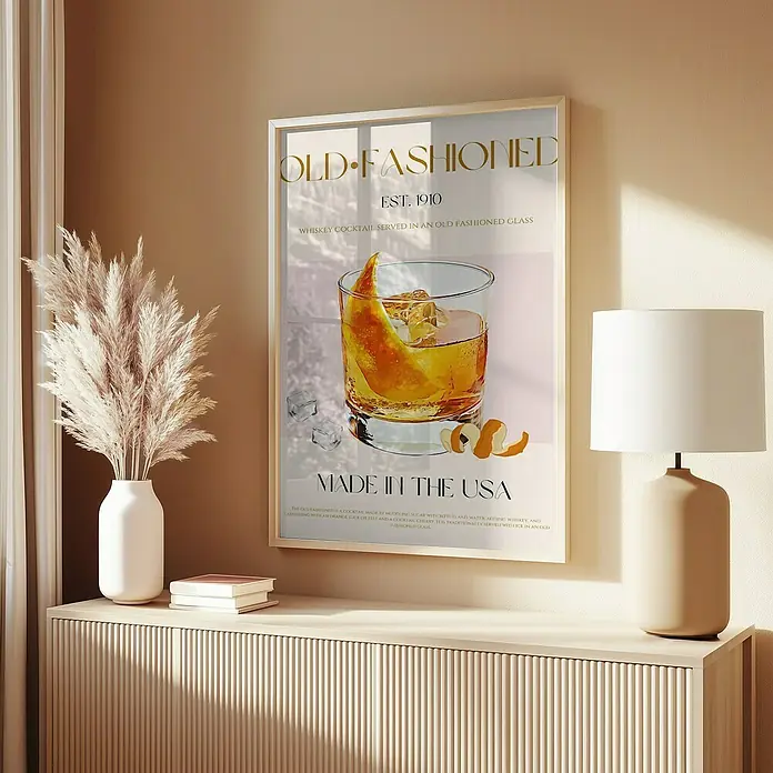 Papermoon Bild - Classic Cocktail, B x H: 100 x 140 cm, Mit Passepartout, Rahmen Eiche - Ein stilvolles Poster mit einem Old Fashioned Cocktail, der die Ästhetik einer Bar in Ihr Zuhause bringt. Perfekt für Cocktail-Liebhaber!