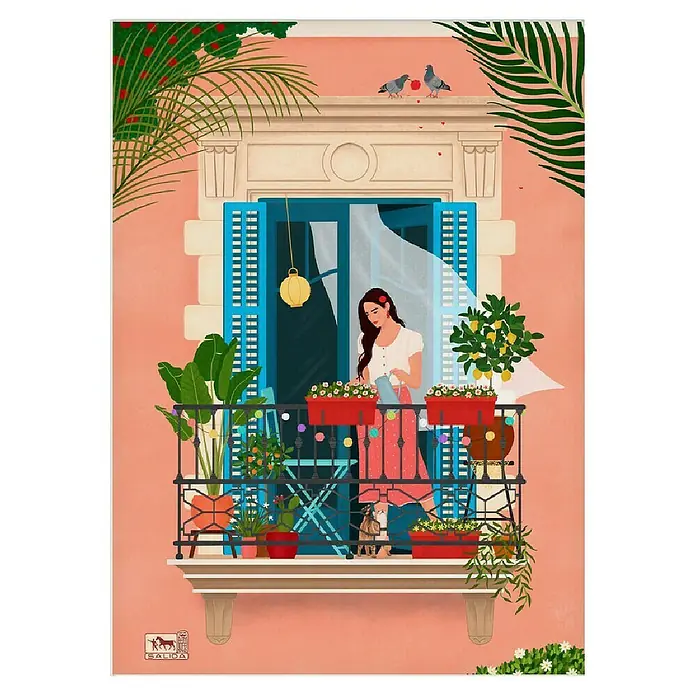 Papermoon Poster - Barcelona, B x H: 80 x 110 cm, Mit Passepartout - Illustration einer Frau, die auf einem Balkon Blumen gießt, mit Pflanzen, Blumentöpfen und dekorativen Elementen.