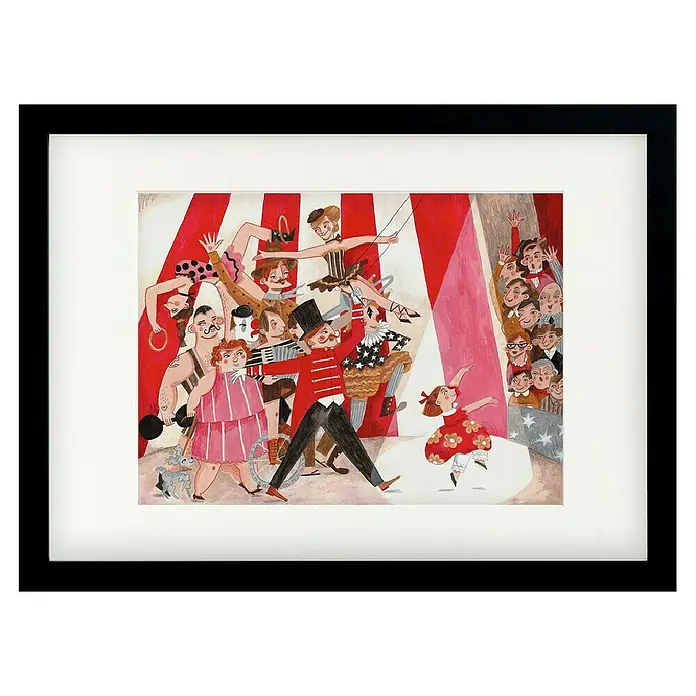 Papermoon Bild - Circus in the City, B x H: 110 x 80 cm, Mit Passepartout, Rahmen Schwarz - Gerahmtes Bild mit einer lebhaften Zirkusszene, das eine nostalgische und farbenfrohe Illustration von Zirkusartisten und Publikum zeigt.