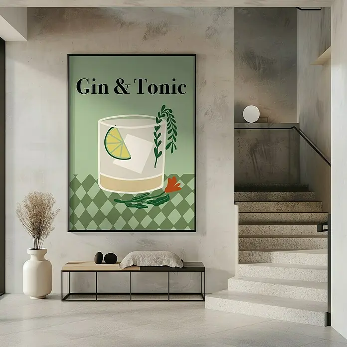 Papermoon Bild - Gin a Tonic, B x H: 40 x 50 cm, Mit Passepartout, Rahmen Schwarz - Ein stilvolles Interieur mit einem Gin & Tonic-Kunstdruck, der über einer modernen Bank mit dekorativen Elementen hängt.