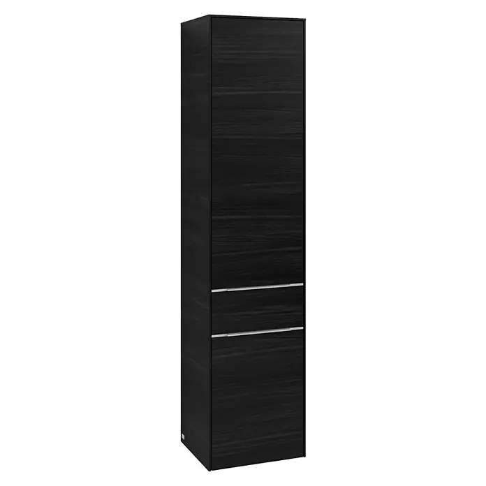 Villeroy & Boch Subway 3.0 Hochschrank - B x T x H: 40 x 36,2 x 171 cm, 1x Schublade, 2x Tür, Black Oak, Farbe Griff: Aluminium glänzend, DIN Anschlag: Links - Elegantes, hohes Badmöbel in dunklem Holzdekor mit zwei Schubladen und schmalen silbernen Griffen für ein modernes Badezimmerdesign.