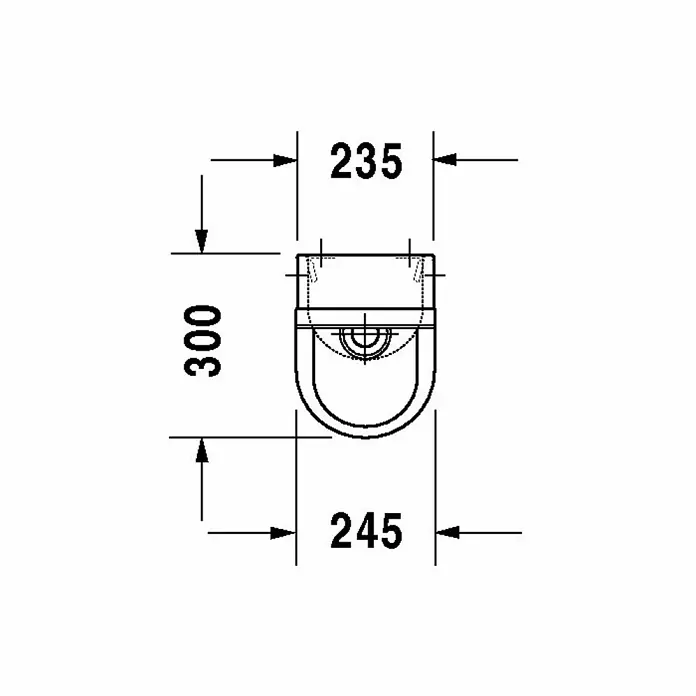 Duravit Starck 3 Urinal - Ohne Spülrand, Unbeschichtet, Zulauf: Hinten, Absaugspülung, Weiß, Ohne Zielobjekt, Ohne Urinaldeckel - Technische Zeichnung einer Toilette mit den Maßen 235 mm Breite und 300 mm Höhe, 245 mm Tiefe. Die Zeichnung zeigt eine Aufsicht der Toilette.