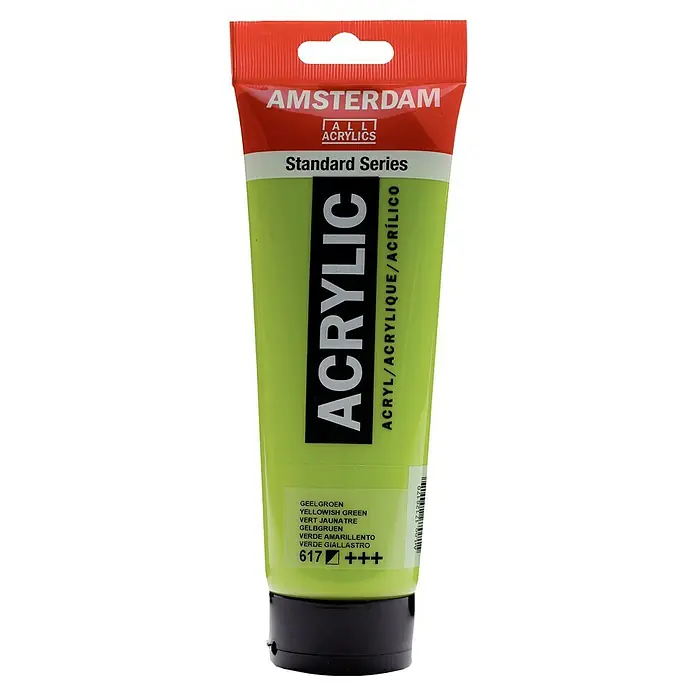 Talens Amsterdam Pintura acrílica Standard - Verde amarillento, 250 ml, Tubo, Brillante - Imagen de un tubo de pintura acrílica Amsterdam Standard Series en verde amarillento, ideal para artistas y proyectos creativos.