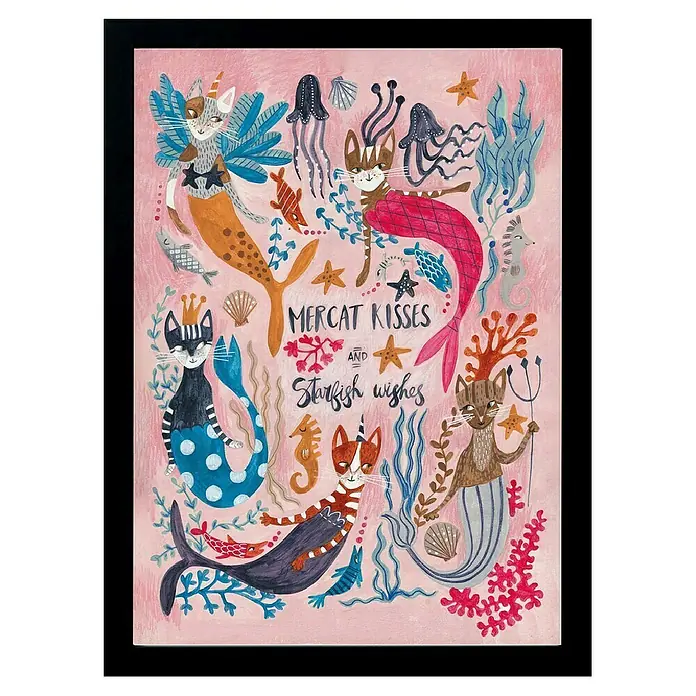 Papermoon Bild - Mercats and Caticorns, B x H: 80 x 110 cm, Ohne Passepartout, Rahmen Schwarz - Aquarellillustration mit katzenartigen Meerjungfrauen, Quallen, Seepferdchen und dem Text "Mercat Kisses and Starfish Wishes".