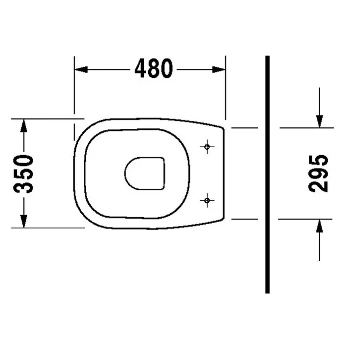 Duravit D-Code Stand-WC - Mit Spülrand, Mit antibakterieller Glasur, Spülform: Tief, WC Abgang: Waagerecht, Weiß - Draufsicht auf eine Toilette mit Maßangaben: 480 mm breit und 350 mm tief, mit einem Wandabstand von 295 mm.