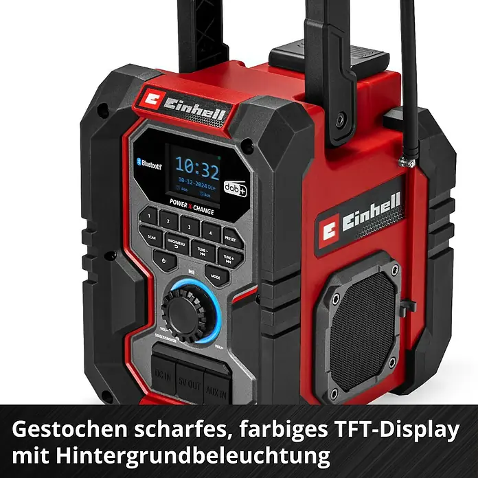 Einhell Power X-Change 18V Akku-Baustellenradio TE-CR 18 Li DAB+/FM/BT - Solo - 18 V, Ohne Akku, Bluetooth - Ein rotes Einhell-Baustellenradio mit digitalem Display und diversen Bedienelementen für den Empfang von DAB+ und Bluetooth.