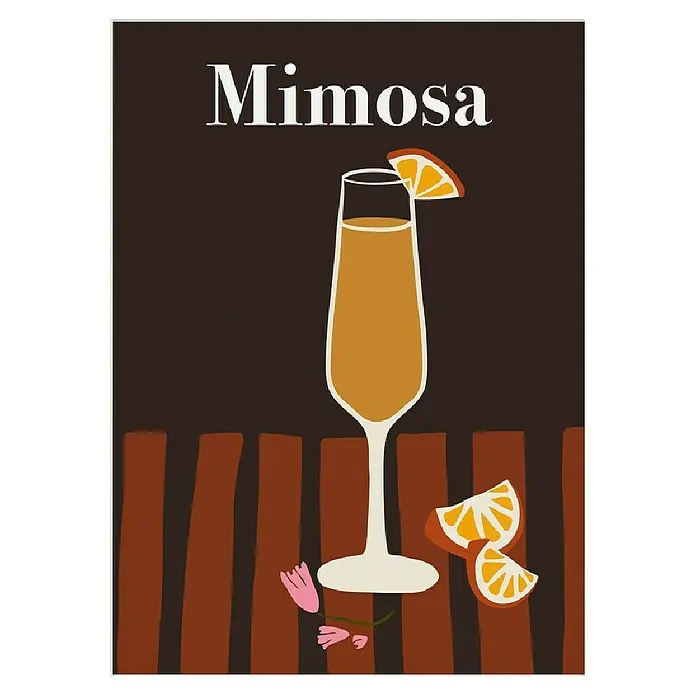 Papermoon Poster - Mimosa, B x H: 100 x 140 cm, Mit Passepartout - Eine Illustration eines Mimosa-Cocktails in einem Sektglas, garniert mit einer Orangenscheibe, vor einem braunen Hintergrund.