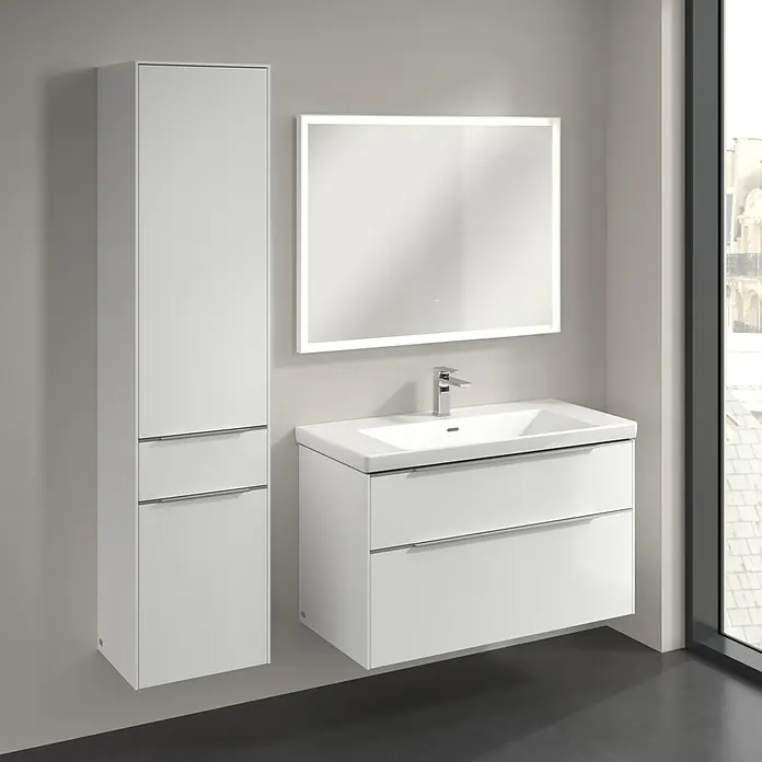 Villeroy & Boch Subway 3.0 Hochschrank - B x T x H: 40 x 36,2 x 171 cm, 1x Schublade, 2x Tür, Brilliant White, Farbe Griff: Aluminium glänzend, DIN Anschlag: Links - Modernes Badezimmer-Set mit weißem Waschtischunterschrank, Spiegelschrank und Hochschrank für ein stilvolles Ambiente.