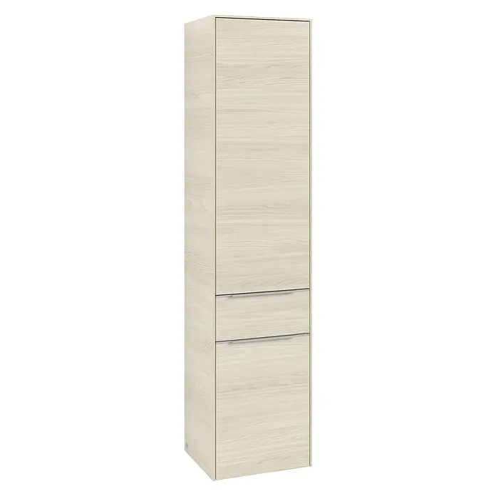 Villeroy & Boch Subway 3.0 Hochschrank - B x T x H: 40 x 36,2 x 171 cm, 1x Schublade, 2x Tür, White Oak, Farbe Griff: Aluminium glänzend, DIN Anschlag: Links - Ein eleganter, hochformatiger Holzschrank mit schlichten Griffen und einer hellen, freundlichen Farbgebung für moderne Wohnräume.