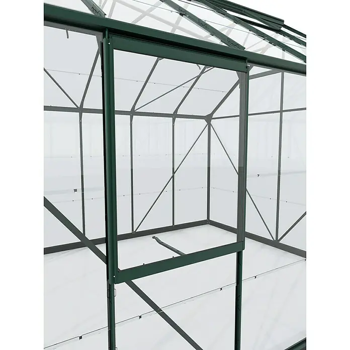 Vitavia Gewächshaus-Seitenfenster V - Passend für: Vitavia Gewächshäuser Venus/Apollo/Calypso/Freya/Diana/Uranus/Cassandra/Merkur/Mars/Sirius, Aluminium, Smaragd, Mit Einscheibensicherheitsglas - Detailansicht eines Gewächshauses mit grünen Rahmen und klaren Glasscheiben, die einen Einblick in den Innenraum gewährt.