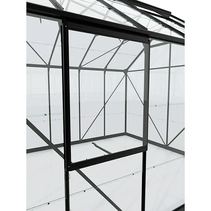 Vitavia Gewächshaus-Seitenfenster V - Passend für: Vitavia Gewächshaus Venus/Apollo/Calypso/Freya/Diana/Uranus/Cassandra/Merkur/Mars/Sirius, Aluminium, Schwarz, Mit Einscheibensicherheitsglas - Nahaufnahme eines Gewächshauses mit schwarzem Rahmen und transparenten Paneelen, das seine robuste und elegante Konstruktion hervorhebt.