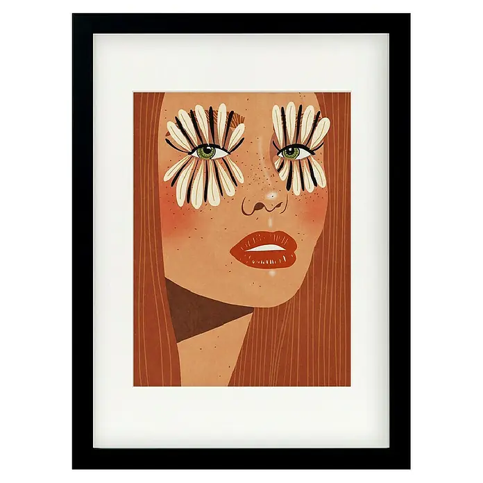 Papermoon Bild - Flower Eyes, B x H: 100 x 140 cm, Mit Passepartout, Rahmen Schwarz - Gerahmtes Porträt einer Frau mit Blumenakzenten um die Augen, das künstlerische Flair und moderne Ästhetik vereint.