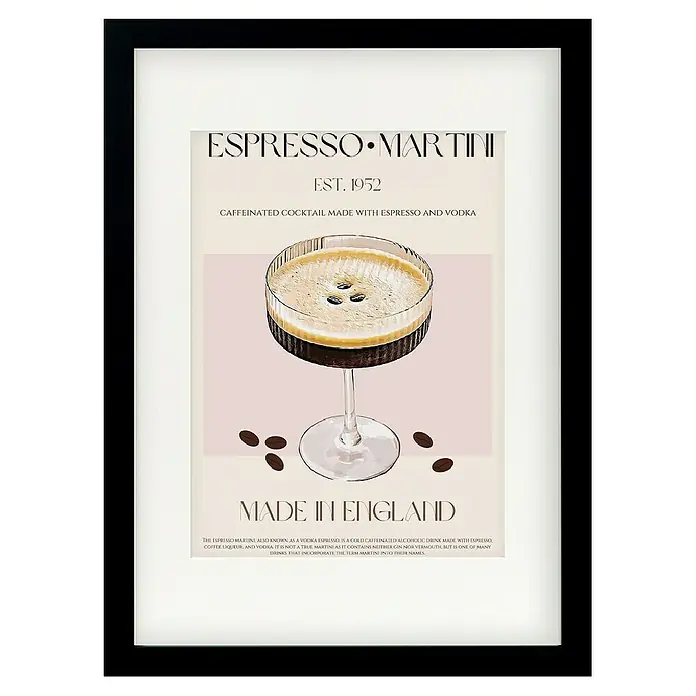 Papermoon Bild - Coffee Delighta, B x H: 70 x 100 cm, Mit Passepartout, Rahmen Schwarz - Gerahmtes Espresso Martini Cocktail Poster mit Aufschrift 'Made in England'.