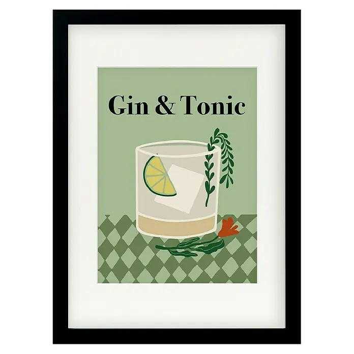Papermoon Bild - Gin a Tonic, B x H: 40 x 50 cm, Mit Passepartout, Rahmen Schwarz - Gerahmtes Poster "Gin & Tonic" mit stilvoller Illustration, perfekt für die Bar oder Küche. Ein echter Hingucker mit modernem Design.