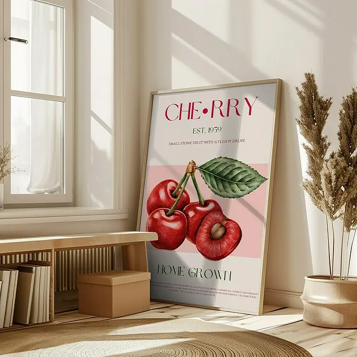 Papermoon Bild - Sweet Red Cherries, B x H: 70 x 100 cm, Mit Passepartout, Rahmen Eiche - Ein gerahmtes Wandbild mit Kirschmotiv, das eine dekorative Note in den Raum bringt. Ideal für eine stilvolle Inneneinrichtung.