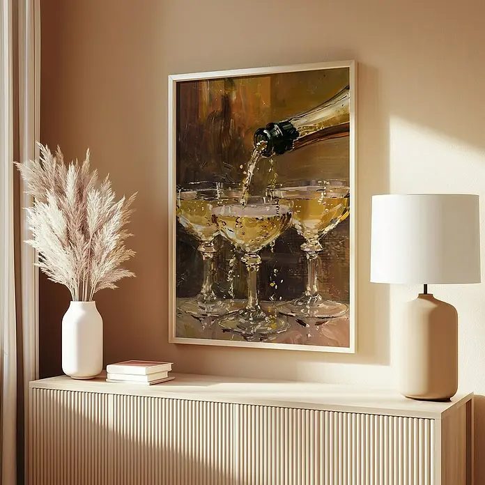 Papermoon Bild - Vintage Champagne, B x H: 50 x 70 cm, Ohne Passepartout, Rahmen Eiche - Gemaltes Bild von Sektgläsern, die befüllt werden, gerahmt und auf einer Kommode platziert, mit einem minimalistischen Design.