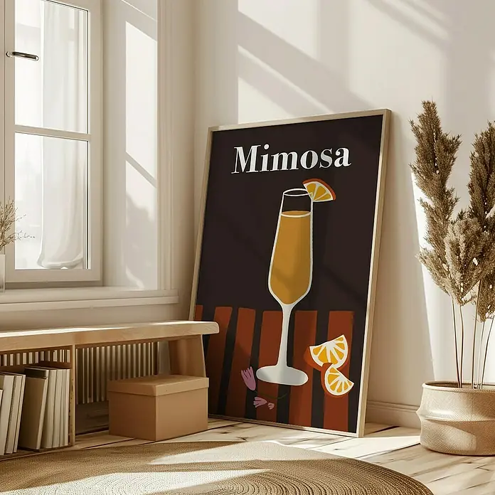 Papermoon Bild - Mimosa, B x H: 60 x 80 cm, Mit Passepartout, Rahmen Eiche - Das Bild zeigt ein stilvolles Mimosa-Poster mit einem eleganten Cocktailglas, das eine erfrischende Mimosa darstellt. Ideal für Wohnzimmer oder Bar.