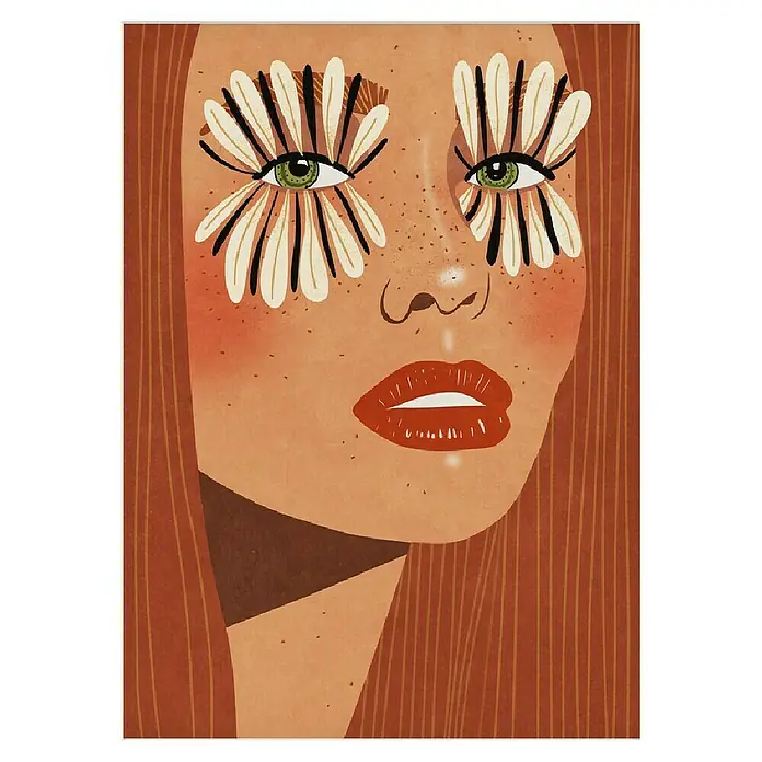 Papermoon Poster - Flower Eyes, B x H: 40 x 50 cm, Mit Passepartout - Illustration eines Frauengesichts mit Gänseblümchen-Make-up um die Augen, roten Lippen und Sommersprossen.