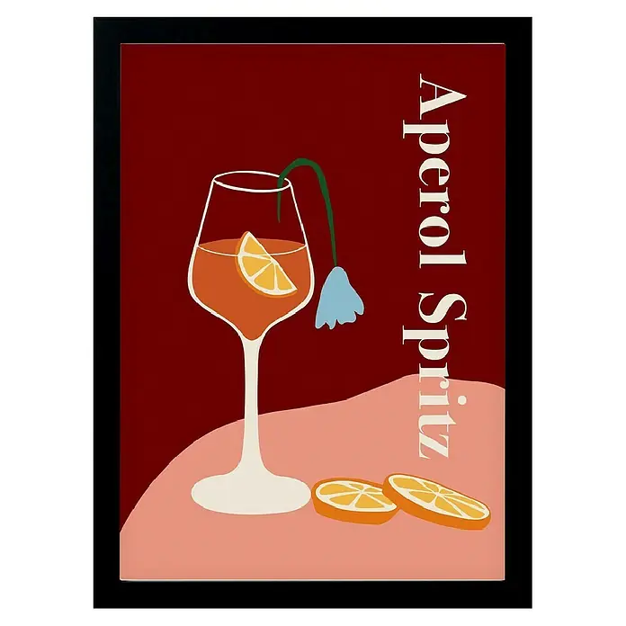 Papermoon Bild - Aperol Spritz, B x H: 40 x 50 cm, Ohne Passepartout, Rahmen Schwarz - Illustration eines Aperol Spritz Cocktails mit Orangenscheiben und einer blauen Blume auf rotem Hintergrund, ideal für Bars oder Restaurants.