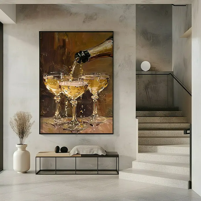 Papermoon Bild - Vintage Champagne, B x H: 60 x 80 cm, Ohne Passepartout, Rahmen Schwarz - Ein eleganter Raum mit einem Gemälde von Champagnergläsern, einer stilvollen Bank und einer Treppe im Hintergrund, die das moderne Ambiente ergänzen.