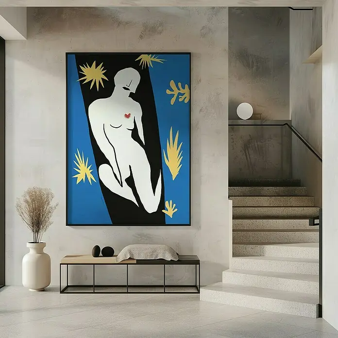 Papermoon Bild - Abstract Figure, B x H: 60 x 80 cm, Ohne Passepartout, Rahmen Schwarz - Abstrakte Kunst: Ein Gemälde mit einer stilisierten weiblichen Figur, Sternen und Pflanzen vor blauem Hintergrund, gerahmt in Schwarz.