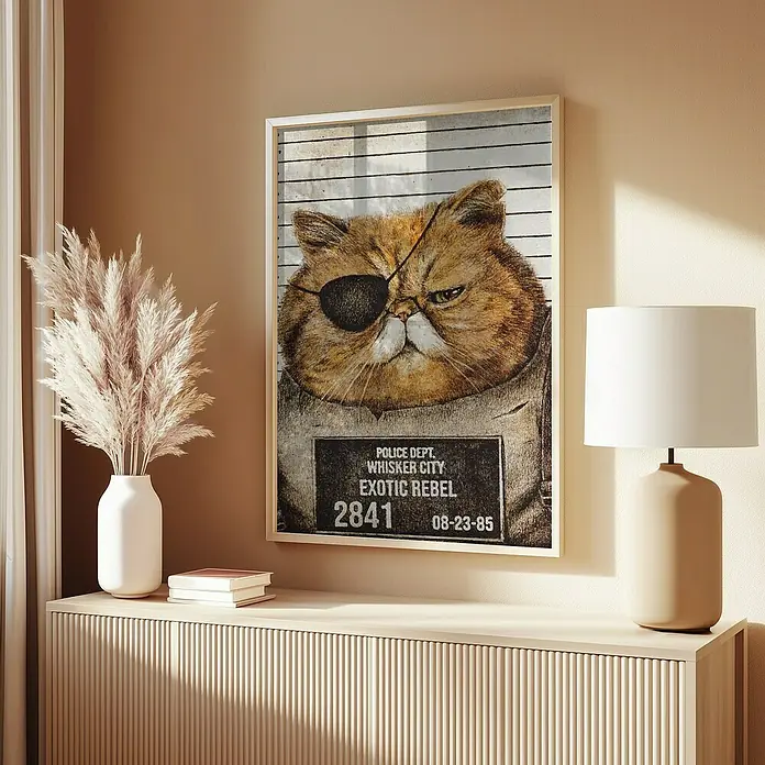 Papermoon Bild - Funny Cat, B x H: 40 x 50 cm, Mit Passepartout, Rahmen Eiche - Ein gerahmtes Katzenkunstwerk mit einem frechen Kätzchen, das eine Augenklappe trägt, und einer humorvollen "Exotic Rebel"-Mugshot-Referenz.