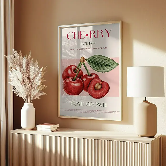 Papermoon Bild - Sweet Red Cherries, B x H: 70 x 100 cm, Mit Passepartout, Rahmen Eiche - Ein gerahmtes Poster mit einer Illustration von Kirschen, der Aufschrift "Cherry Est. 1959" und der Aufschrift "Home Grown".
