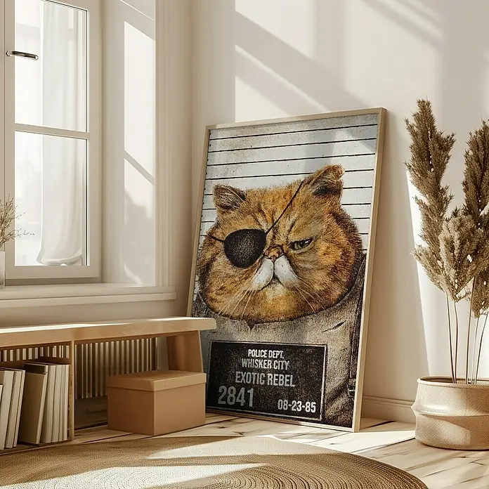 Papermoon Bild - Funny Cat, B x H: 40 x 50 cm, Mit Passepartout, Rahmen Eiche - Poster mit einem lustigen Katzendesign. Das Motiv zeigt eine Katze mit Augenklappe vor einer Polizeifoto-Hintergrund. Perfekt für Katzenliebhaber!