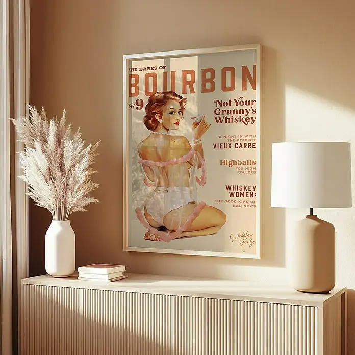 Papermoon Bild - Babes of Boubon Vol. 9, B x H: 70 x 100 cm, Mit Passepartout, Rahmen Eiche - Vintage "Babes of Bourbon" Poster mit Pin-Up-Motiv, ideal als Deko für Bar oder Wohnzimmer. Ein Hauch Nostalgie für Whiskey-Liebhaber.