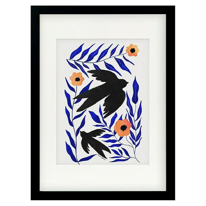 Papermoon Bild - Swallow Flowers, B x H: 50 x 70 cm, Mit Passepartout, Rahmen Schwarz - Gerahmtes Bild mit floralen Elementen, zwei stilisierten schwarzen Vögeln und bunten Akzenten, ein Blickfang für jede Wand.