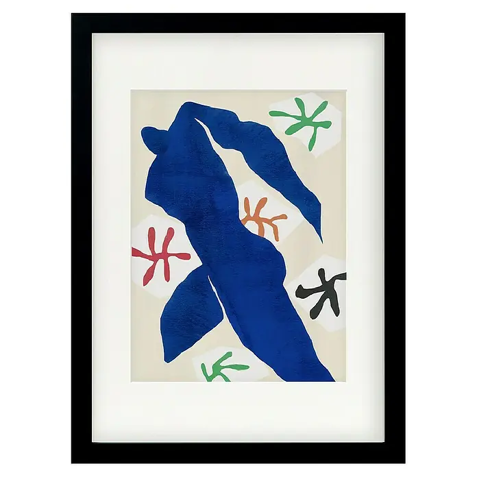Papermoon Bild - Abstract Blue Figure, B x H: 40 x 50 cm, Mit Passepartout, Rahmen Schwarz - Gerahmtes Kunstwerk mit einem blauen, abstrakten Akt vor einem Hintergrund mit farbigen, sternartigen Mustern.