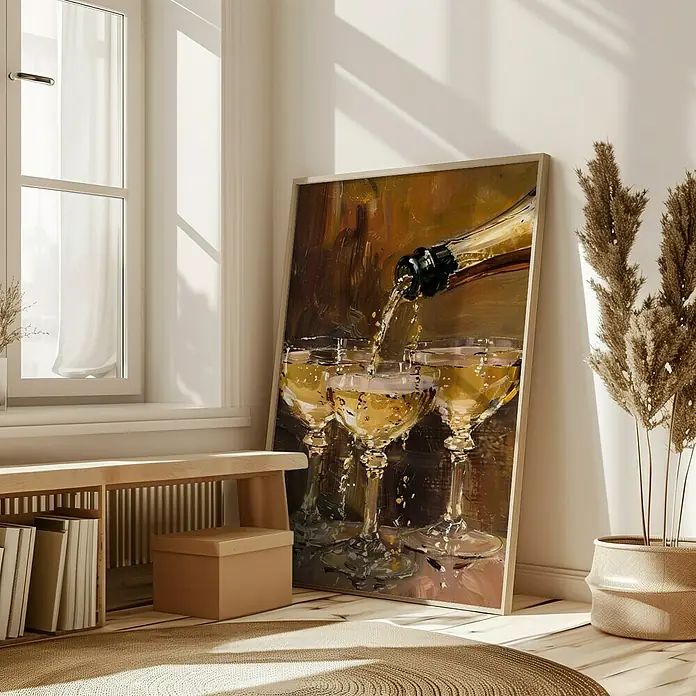 Papermoon Bild - Vintage Champagne, B x H: 50 x 70 cm, Ohne Passepartout, Rahmen Eiche - Ein stimmungsvolles Kunstwerk: Champagner wird in drei Gläser gegossen, ein elegantes und festliches Wandbild.