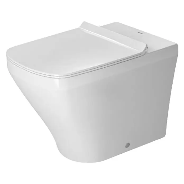 Duravit DuraStyle Stand-WC - Mit Spülrand, Ohne Spezialglasur, Spülform: Tief, WC Abgang: Waagerecht, Weiß - Nahaufnahme einer modernen, weißen Wand-Toilette. Elegantes Design mit glatten Linien und verdeckter Befestigung für ein minimalistisches Badezimmer.