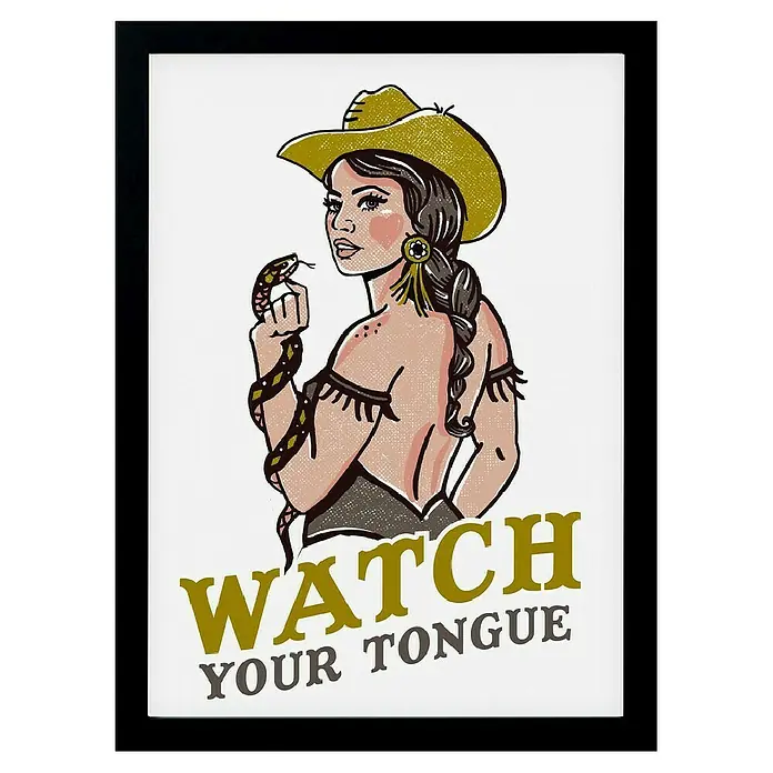 Papermoon Bild - Watch Your Tongue, B x H: 60 x 80 cm, Ohne Passepartout, Rahmen Schwarz - Stilvoller Druck: Cowgirl mit Schlange und dem Schriftzug "Watch Your Tongue", ideal für Wanddekorationen mit Charakter und Aussagekraft.
