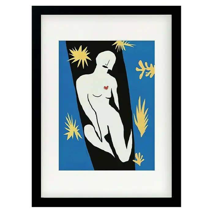 Papermoon Bild - Abstract Figure, B x H: 60 x 80 cm, Mit Passepartout, Rahmen Schwarz - Gerahmtes Kunstwerk mit einer weißen, sitzenden Frau auf blauem und schwarzem Grund mit gelben Sternen und Pflanzen.