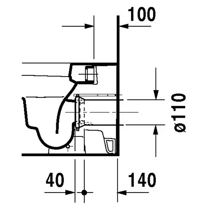 Duravit Happy D.2 Stand-WC - Mit Spülrand, Ohne Spezialglasur, Spülform: Tief, WC Abgang: Waagerecht, Weiß - Schema einer Toilette mit eingezeichneten Abmessungen, die die Installation und den Platzbedarf veranschaulichen.\n