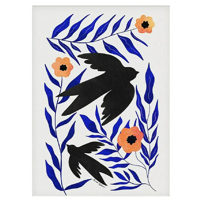 Papermoon Poster - Swallow Flowers, B x H: 70 x 100 cm, Mit Passepartout - Schwarze Vögel zwischen blauen Blättern und orangefarbenen Blüten, die eine ruhige und natürliche Szene schaffen. Kunstwerk mit elegantem und stilvollem Design.