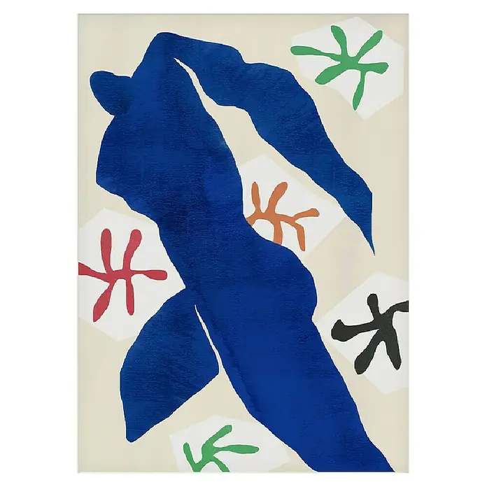 Papermoon Poster - Abstract Blue Figure, B x H: 80 x 110 cm, Mit Passepartout - Kunstwerk mit einer blauen Figur und bunten abstrakten Formen.