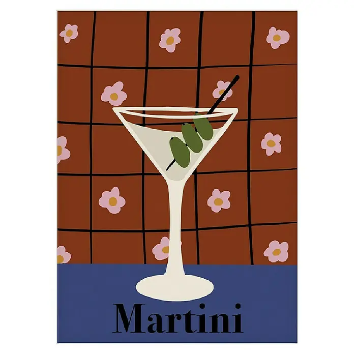 Papermoon Poster - Martini, B x H: 70 x 100 cm, Mit Passepartout - Martini mit Oliven vor braunem Hintergrund mit Blumen. Einladung zu einer stilvollen Cocktailparty mit diesem klassischen Getränk.