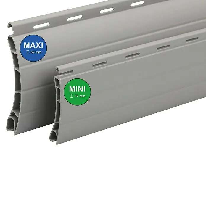 Schellenberg Rollladenprofil MaxiL x H: 150 x 5,2 cm, Geeignet für: Rollladen-Maxi-Systeme, Grau - Nahaufnahme von zwei Rollladenprofilen, "Maxi" und "Mini", die ihre unterschiedlichen Größen (52 mm bzw. 37 mm) hervorhebt.