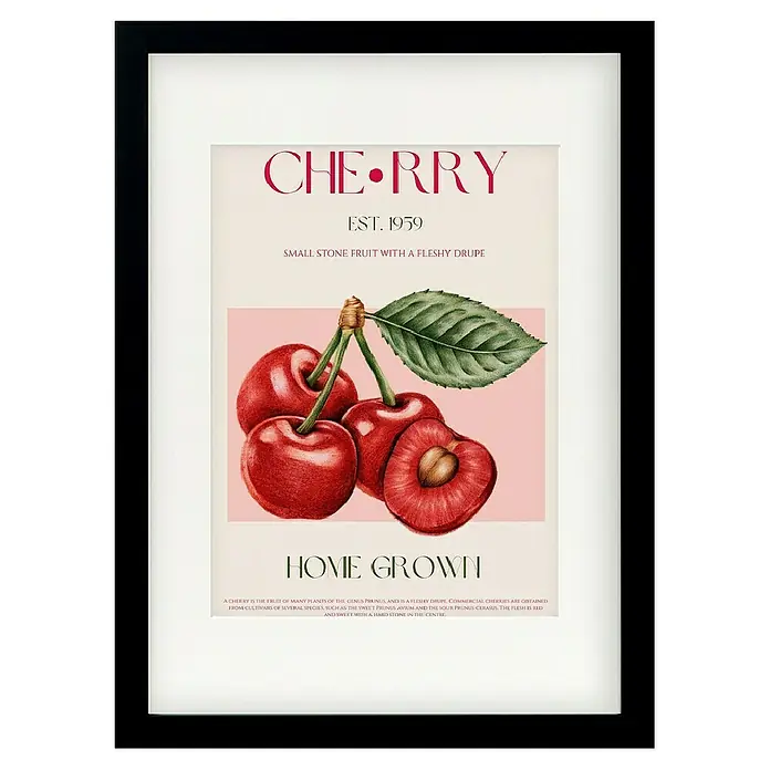 Papermoon Bild - Sweet Red Cherries, B x H: 100 x 140 cm, Mit Passepartout, Rahmen Schwarz - Gerahmtes Kirsch-Poster mit der Aufschrift "Home Grown" und dem Text "Cherry Est. 1959", das ein Vintage-Gefühl vermittelt.