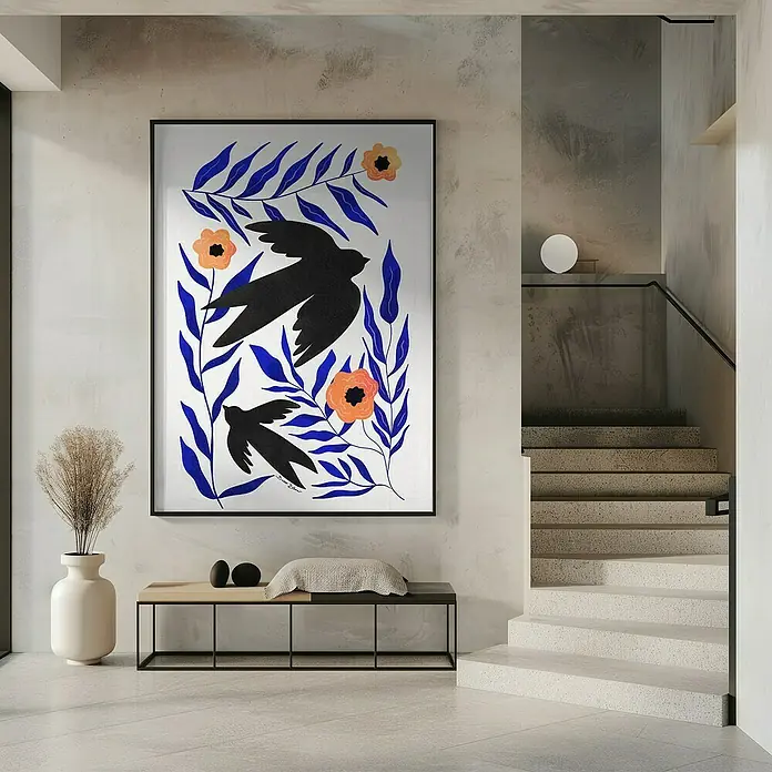 Papermoon Bild - Swallow Flowers, B x H: 50 x 70 cm, Mit Passepartout, Rahmen Schwarz - Dekorative Wandkunst mit einem Motiv von stilisierten Vögeln, Blüten und Blättern in lebhaften Farben, gerahmt in Schwarz.
