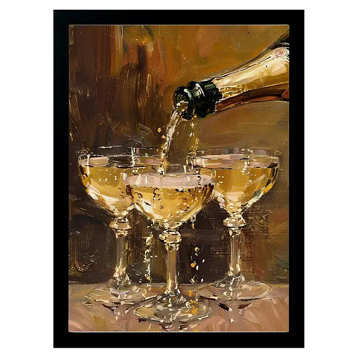 Papermoon Bild - Vintage Champagne, B x H: 60 x 80 cm, Ohne Passepartout, Rahmen Schwarz - Detailreiche Malerei, die Sektgläser zeigt, die mit einem Getränk gefüllt werden, wobei die fließende Flüssigkeit und die Spiegelungen hervorgehoben werden.