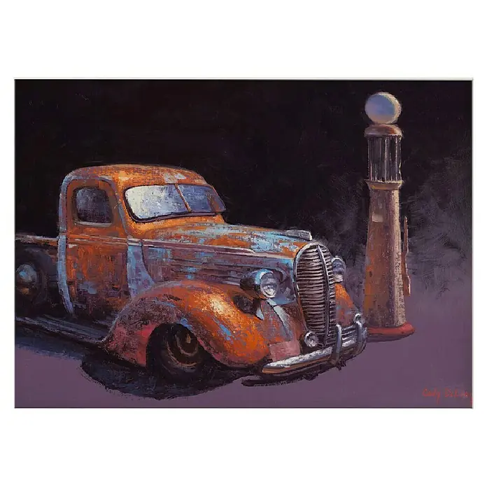 Papermoon Poster - Rusted Pickup Truck, B x H: 110 x 80 cm, Mit Passepartout - Abgenutzter Oldtimer-Truck und eine Zapfsäule, ein farbenfrohes Gemälde, das den Charme vergangener Zeiten einfängt und Nostalgie weckt.