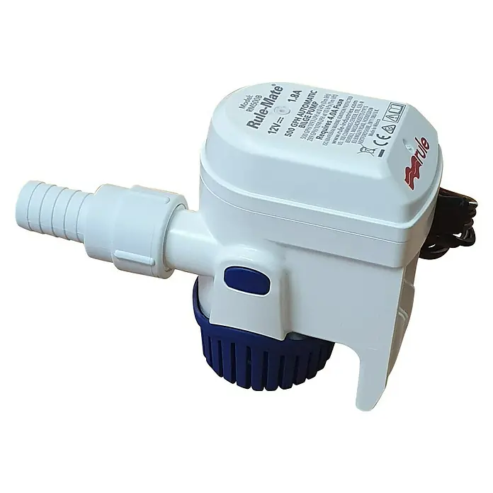 Rule Bomba de achique RM 500 - Capacidad de bombeo máx.: 1.890 l/h, 12 V - Bomba de achique automática Rule-Mate RM500B, 12V, 1.8A, perfecta para barcos, asegurando una eliminación eficiente del agua y seguridad.