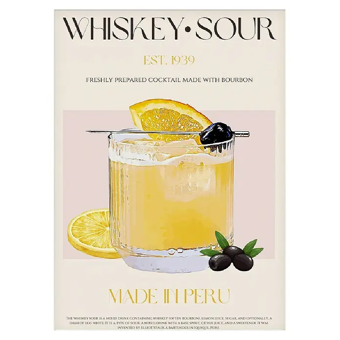 Papermoon Poster - Peru Whisky Bliss, B x H: 40 x 50 cm, Mit Passepartout - Illustration eines Whiskey Sour Cocktails, der 1939 in Peru kreiert wurde, mit Orange, Zitrone und Oliven als Garnitur.