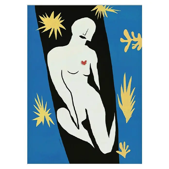 Papermoon Poster - Abstract Figure, B x H: 80 x 110 cm, Mit Passepartout - Henri Matisse "Icarus" Kunstdruck. Abstrakte Darstellung einer weißen Figur mit rotem Herz auf blauem und schwarzem Hintergrund, ein stilvolles Kunstwerk.