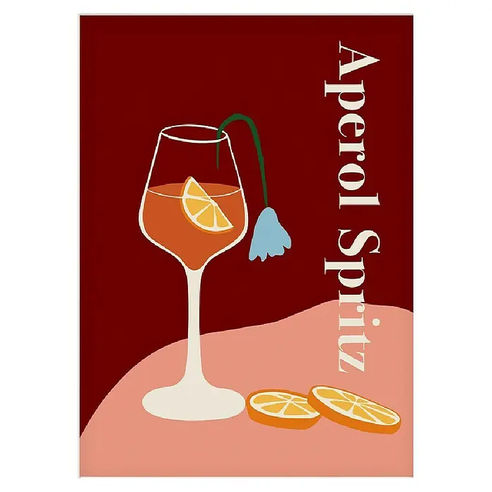 Papermoon Poster - Aperol Spritz, B x H: 50 x 70 cm, Mit Passepartout - Illustration eines Aperol Spritz Cocktails mit Orangenscheiben und blauer Blume auf rotem Hintergrund.