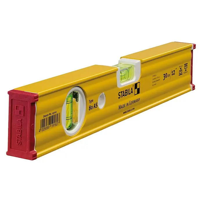 Stabila Wasserwaage 80 AS - Länge: 30 cm, Anzahl Libellen: 2 Stk. - Gelbe Stabila 80 AS Wasserwaage mit roter Endkappe, zwei Libellen und der Aufschrift "Made in Germany".
